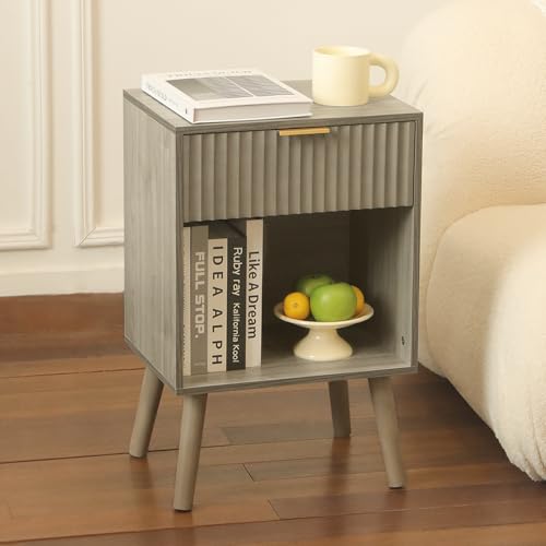 Image of Fultyle Mid Century Modern Nightstand, Wood Bedside Table with Drawer and Opening Storage, End Table Living Room Fluted Night Stand with Solid Wood Legs for Bedroom (Grey)