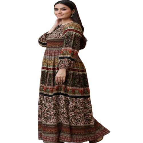 Image of Women's Cotton Dress Jaipuri Sanganeri Print Midi Long Dress Printed Fit and Flare Maxi Dress A-Line Gown Dress Maxi Skirt, Mandala (Free Size)