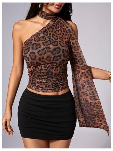 Image of RoseSeek Women's Y2K Leopard Polka Dots Halter Asymmetrical Neck Crop Tops