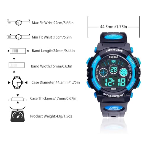 edillas kids watches boys digital 7 colors led lights 50m waterproof wristwatches for children students teenagers sport outdoor multifunctional with stopwatchalarm ages 7-15