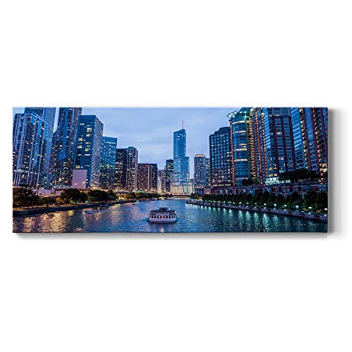 Renditions Gallery Chicago City Night View Photo Canvas Wall Art Prints for Office Chicago Skyline Sunset Landscape Pictures Modern Wall Decoration for Living Room-24x48 Inches