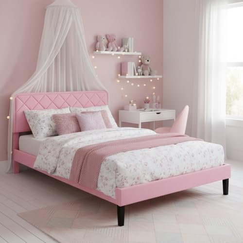 Image of APRODZ Full Size Bed | Upholstered Bed Frame with Channel Tufted Headboard | Bed Full Size Wooden Legs | Double Bed King Size Without Storage | Bedroom Furniture | Pink Fabric & Black Wooden Legs
