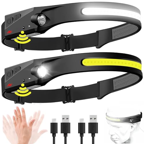 LUCKFEN Lampe frontale rechargeable, 2 pièces 230° LED Ultra Puissante Torche avant avec 6 modes d'éclairage & détecteur de mouvement 1500 mAh, IPX4