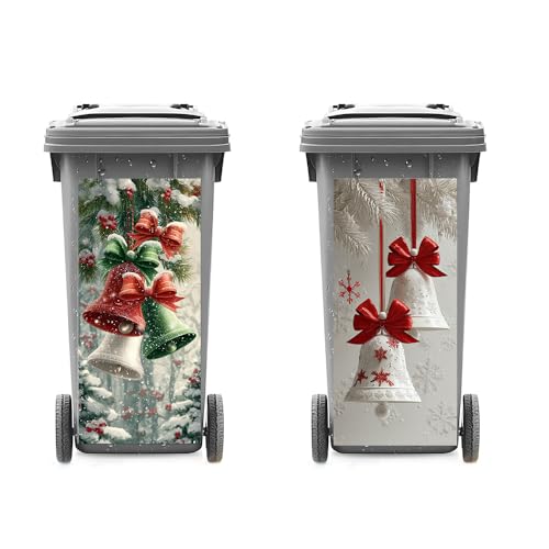 Image of 2 PC Trash Can Sticker 14.57 x 32.28 Inch Red and Green Christmas Bell Design Vinyl Sticker with Ribbon Pine Leaf and Snowflake Pattern for Outdoor Garbage Bin Yard Garden Driveway Home Holiday Decor