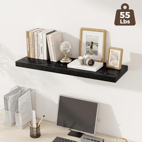 Image of Fun Memories Deep Floating Shelves, 36 inch W x 12 inch D Wood Floating Shelves for Wall, 3 Pack Extra Deeper & Thicker Wall Mounted Storage Shelf for Living Room Laundry Room Kitchen Home Office, Black