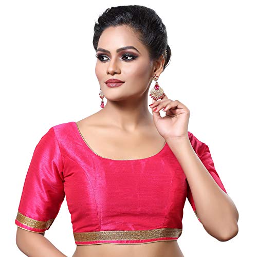 Madhu Fashion Womens Raw Silk Elbow Length Sleeves Readymade Saree Blouse (34, PINK)