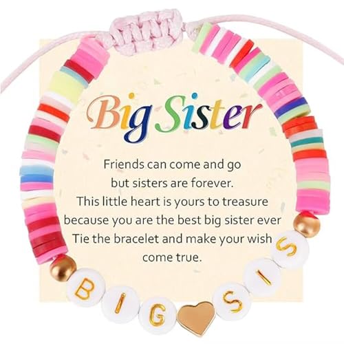 Image of Big Sister Gifts For Little, Pastel Rainbow Heart Rainbow Ball Big Little Sister Bracelet Announcement, Birthday Jewelry