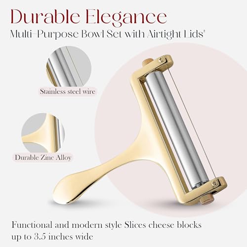 Image of Bellemain Stainless Steel Wire Cheese Slicer - Adjustable Cheese Cutter for Cheddar, Gruyere, Raclette, Mozzarella Cheese Block, Gold