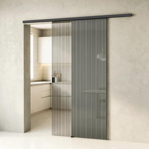 doporro Glasschiebetür Komplettset Softclose 90 x 205 cm Schiebetür mit Sicherheitsfolie 8mm ESG-Sicherheitsglas Zimmertür Glas Schwarz gebürstet mit Quadratgriff Muranino-001