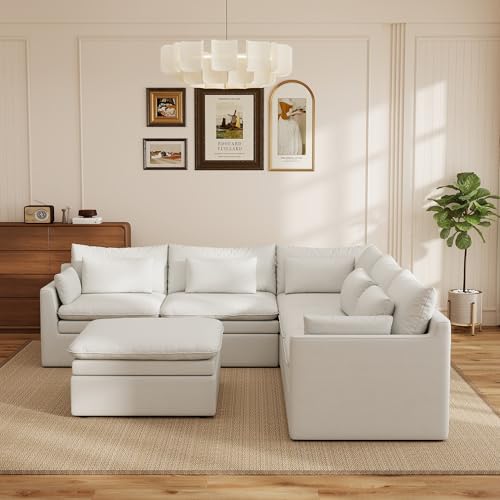 Image of WJShome Modular Sectional Couch, Deep Seat V-Shaped Cloud Couch with Water-Resistant & Stain-Resistant Fabric, Removable Washable Covers, Sleeper Sofa with Ottoman for Living Room, Apartment, White
