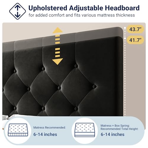 Image of Allewie Upholstered Full Size Platform Bed Frame with 4 Storage Drawers and Adjustable Headboard, Diamond Button Tufted, Wooden Slats Support, Noise-Free, No Box Spring Needed, Easy Assembly, Black