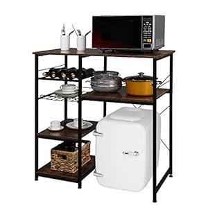 VINGLI Bakers Racks for Kitchens with Storage Mini Fridge Stand Bar Cabinet with Mini Fridge Space, Big Drawer, Wine Rack, Metal Frame Industrial Workstation Microwave Stand 4-Tiers