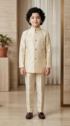 Image of AHHAAAA Kids Ethnic Silk Blend Waistcoat Kurta Pyjama 3 Piece Sherwani Set For Boys |540|