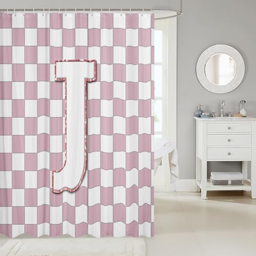 Image of Erosebridal Pink Initial J Bathroom Curtain Kawaii Plaid Checkered Shower Curtain 72 inch Wx78 L Cute Personalized Monogram Bathroom Accessories for Kids Girls,Fashion Grids Gingham Shower Decor