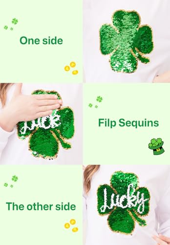 Image of Tween Girl St. Patrick's Irish Lucky Four Leaf Clover Sequin Crop Top Green White Long Sleeve Shirt 10 Years