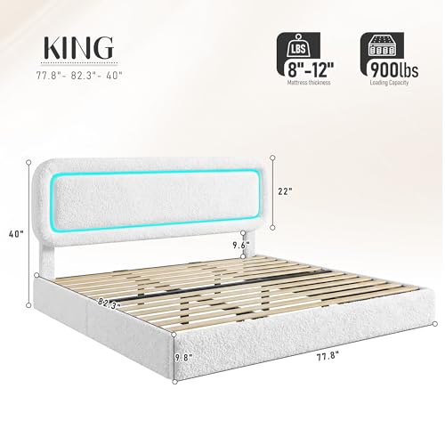 King Size Bed Frame with Led Lights,Soft Cloud Bed Frame King with Headboard,Boucle Upholstered King Platform Bed Frame,Anti-Collision Round Corners,No Box Spring Needed,Modern,Cream White - Image 3