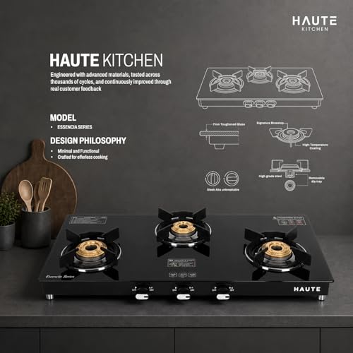 Image of Haute Essencia Series All Black 3 Burner Gas Stove | Manual Ignition | 7mm Toughened Glass | ABS Unbreakable Knobs | Doorstep Service | 7-Year Glass & 2-Year Manufacturing Warranty