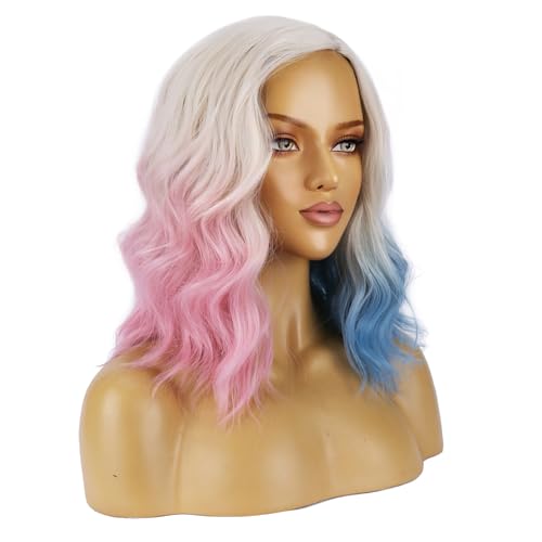 Image of BERON Blonde Ombre Pink Blue Wigs Short Curly Bob Wig for Women Ombre Color Wavy Synthetic Hair Wigs Daily Use
