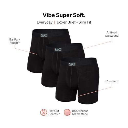 SAXX Underwear Co. Men\'s Underwear with Pouch Vibe Super Soft Boxer Brief 3Pk, Black, Large