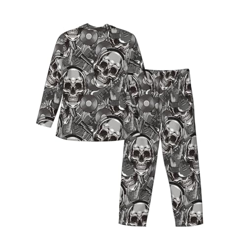 Retro Electric Guitar Skulls Rock Music Mens Pajamas Set Button Down Sleepwear Set Long Sleeve Loungewear With Pockets4