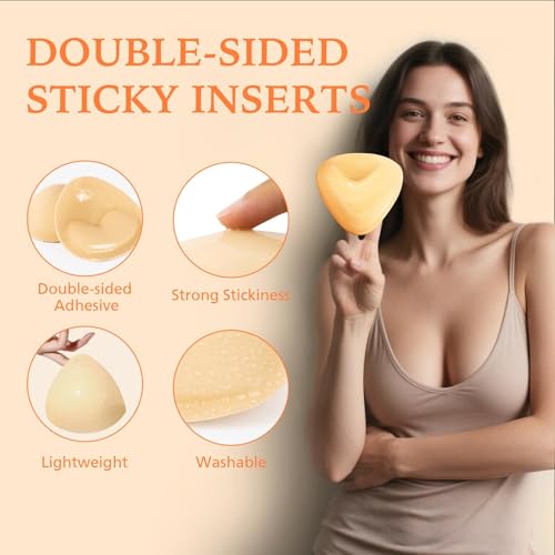the snowy. bodee Sticky Bra Inserts for Women Reusable Stick Bra Double Sided Strapless Bras Waterproof Adhesive Bra Pads Push Up for A Cup Beige