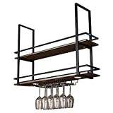 Hängendes Weinregal, Metall-Decken-Flaschenregal, Vintage-Display, Weinaufbewahrungshalter mit Stielglasablage und Holz-Trennwänden für Bar, Küche, Restaurant, dekorativer Rahmen