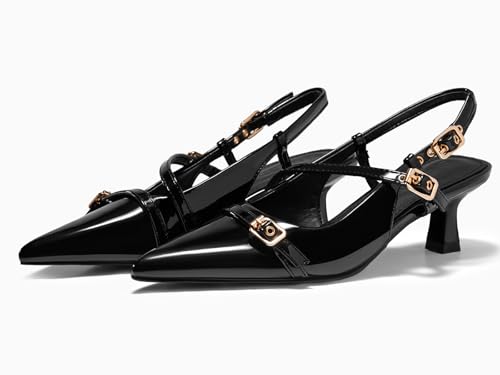 Coutgo Womens Slingback Kitten Heels Low Heel Closed Pointed Toe Pumps Buckle Strap Heeled Sandals Shoes4