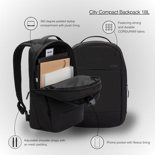 Incase Compact City Backpack – 18L Everyday Travel Tech Backpack and Laptop Bag for Work or School – Three Pockets, 16” Padded Laptop Sleeve, Quick Access Pocket – Cordura Black3