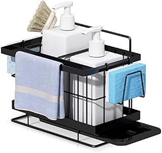 Yoassi Sink Tidy Caddy Black Kitchen Sink Organiser with Removable Drip Tray Stainless Steel Sponge Brush Dishcloth Holder, Wall-Mounted or Sit on Countertop, No Drilling, 21*14.5*14.5cm