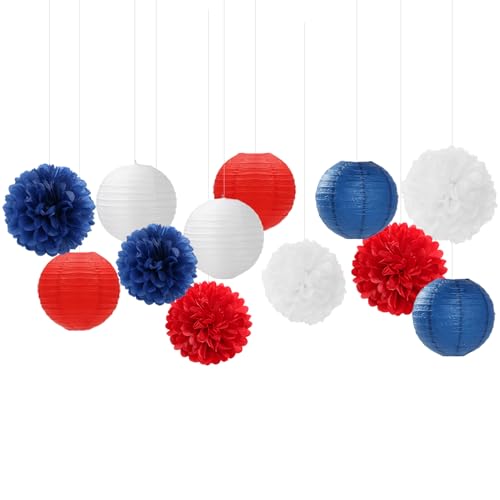 Image of Fourth-4th Of July Imemorial-Day Party-Decorations - 15pcs Red White Blue Paper-Flowers Lanterns,Patriotic Graduation Tissue Pom Poms Streamers,Independence Veterans Hanging Supplies Decor Hugfond