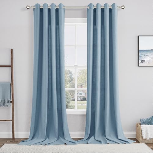 Image of Dusty Blue Linen Curtains 108 Inches Long for Living Room Light Filtering Semi Sheer Cozy Large Ceiling Window Curtain Neutral Grommet Privacy Drapes for Living Room Loft Sunroom 52x108,2 Panel
