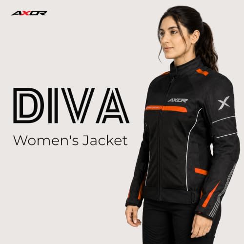 Image of Axor Divazz Women Motorcycle Riding Jacket, CE Armour Protective Bike Jacket, All-Weather Touring Riding Gear with Ventilation Panels, Black Orange, L