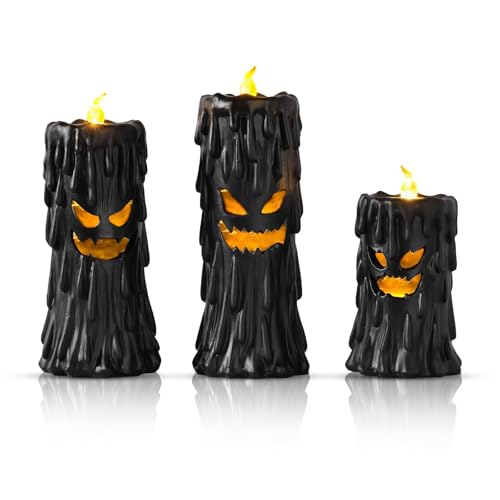 Image of Halloween Ghost Decor: Black Scary Ghost Face Candle Holder Halloween Table Decor with LED Lights, Spooky Decorations Indoor for Desk Office Mantel Home Fireplace Shelf Farmhouse Party Gifts Kids