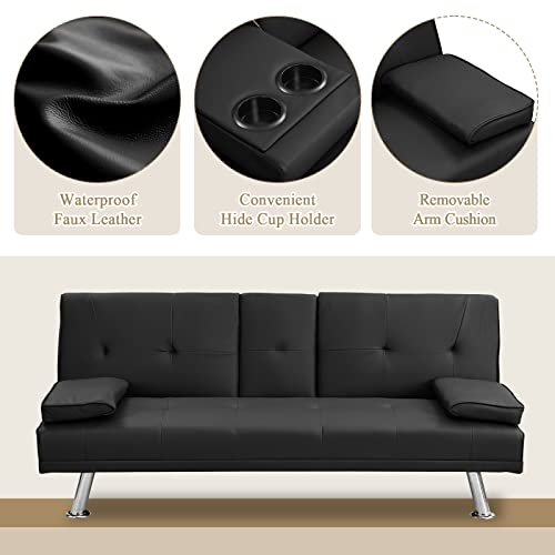 Antetek Futon Sofa Bed, Modern Convertible Upholstered Faux Leather Loveseat Sleeper Sofa Couch W/7 Adjustable Positions, Cup Holder For Living Room, Bedroom, Studio, Office, Black #TOP5