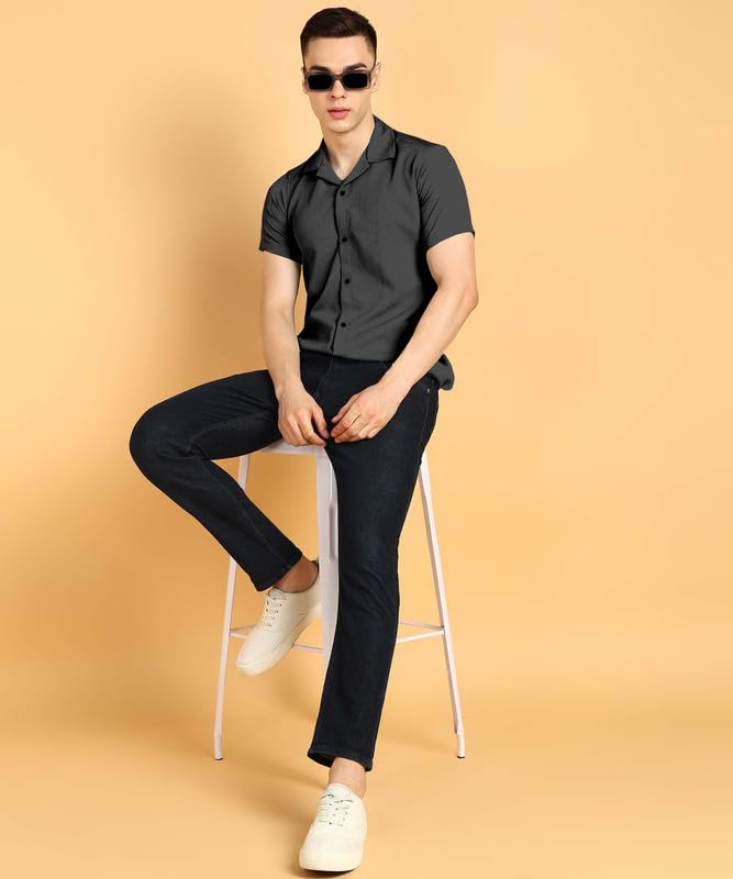 Image of COMBRAIDED Men's Solid Cotton Blend Half Sleeve Shirt - Regular Fit Casual Button-Down Shirt for Office & Travel - Summer & Spring