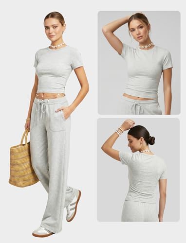 Flevita Womens Two Pcs Lounge Sets Short Sleeve Slim T-shirt and High Waisted Wide Leg Pants with Pockets Soft Pajama Set 29" Inseam Pants Grey M - 5