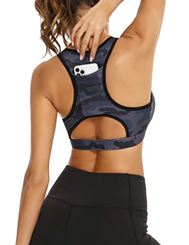Aibrou Mujer Sujetador Deportivo sin Aros Sujetadores Deportivos Yoga Push up con Almohadillas Extraíbles con Bolsillo Atrás S Camuflaje