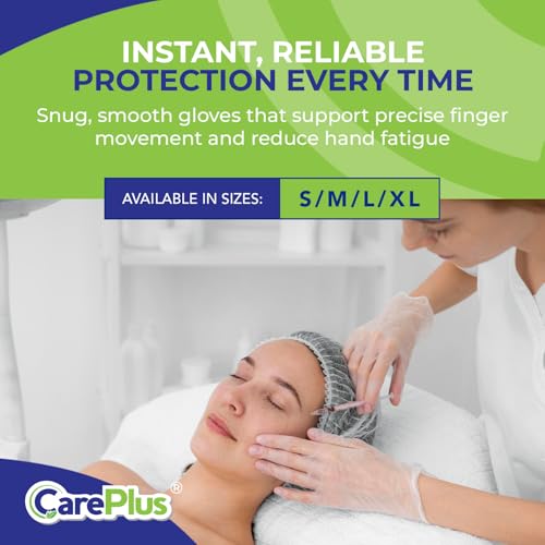 CARE PLUS Pro Vinyl Medical Examination Gloves, Size Extra Large, 100 Count, Latex Free, Powder Free, Rubber, Non Sterile Exam, Healthcare, Doctor, Home and Food Safe