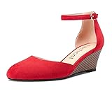 Aachcol Women Ankle Strap Pumps D'Orsay Two-Piece Mid Wedge Heel Close Round Toe Dress Shoes Wedding Party 2 Inches, Red Suede, 10