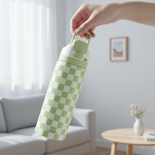 Image of Checkered Insulated Stainless Steel Water Bottle with Straw for Sports and Travel, 32oz, Gifts for Women Girls Friends Teens Birthday Christmas (Green)