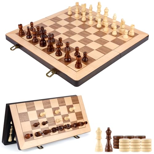15 Inch Magnetic Wooden Chess and Checkers Game Set Classic Folding Board Games with Felted Game Board Interior for Storage 2 Extra Queens Pieces Storage Slots