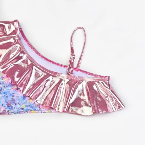 Image of CHILDRENSTAR Girls Metallic Bathing Suits Shiny Ruffles One Shoulder 2 Pieces Swimsuits Cute Bikini Set