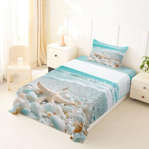 Image of jejeloiu Summer Beach Bed Sheets Set Twin Size Sea Bed Set for Kids Boys Girls Ocean Deep Pocket Fitted Sheet Starfish Breathable Soft Lightweight Microfiber