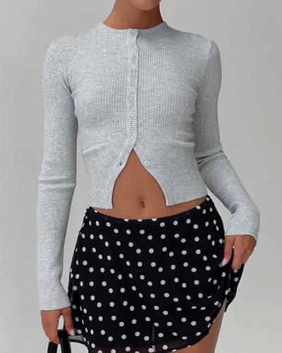 Cioatin Women Long Sleeve Button Down Open Front Slit Ribbed Knit Y2K Crop Cardigan Tops Slim Fit Sweater Pullover Fall Shirt2