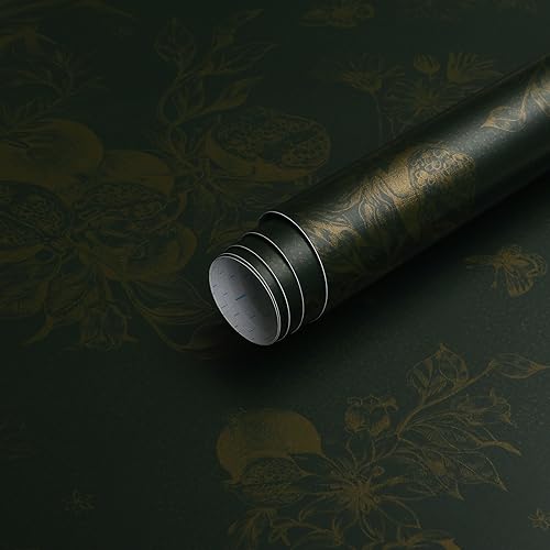 Timeet Peel and Stick Wallpaper Dark Green 44x1000cm Sticky Back Plastic Contact Paper Golden Botanical Print Pattern Self Adhesive Wallpaper Waterproof Vinyl Film for Wall, Furniture