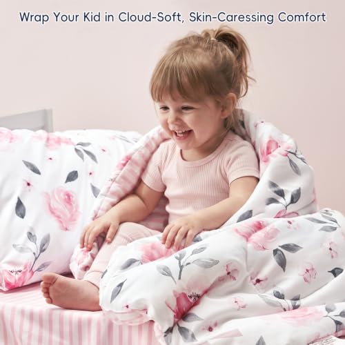 Image of PHF 4 Piece Toddler Bedding Set, Ultra Soft Toddler Comforter Sets Include Comforter, Fitted Sheet, Flat Top Sheet and Pillowcase for Girls, Floral Bed in A Bag for Baby Bedroom, Floral