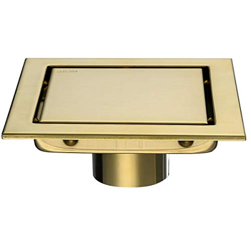RANDOM 6-inch SUS304 Stainless Steel Square Shower Floor Drain with Tile Insert Grate Removable Multipurpose Invisible Look or Flat Cover,Brushed Stainless. (Brushed Gold)