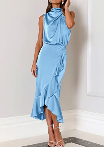 KIRUNDO Women 2025 Summer Fall Satin Mock Neck Wedding Guest Party Cocktail Midi Dress Sleeveless Wrap Ruffle Formal Dresses4