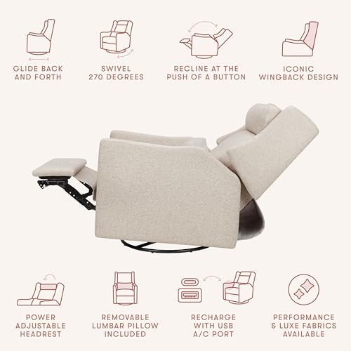 Image of Babyletto Kiwi Plus Electric Recliner Glider in Performance Beach Eco-Weave | GREENGUARD Gold & CertiPUR-US Certified - Power Recliner Rocking Nursery Chair w / USB Ports - 270 Swivel