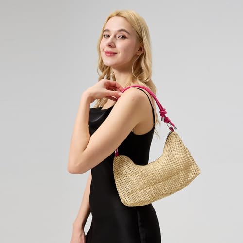 Bolso tote de paja tejida para verano y playa, estilo hobo con asas de cuerda de PU, sin forro miniatura 2